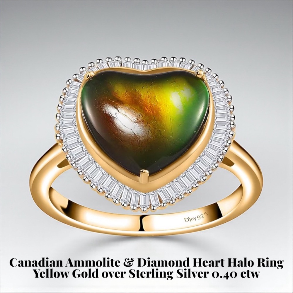 Canadian Ammolite & Diamond Heart Halo Ring Yellow Fold over 925 Silver .40ctw